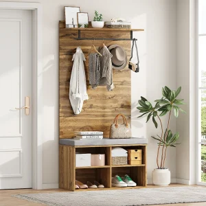 Kapstok met schoenenbank, verstelbare plank en haak, compact design in spaanplaat, eikenkleur (84x32x175cm) Kapstok met schoenenbank, verstelbare plank en haak, compact design in spaanplaat, eikenkleur (84x32x175cm)