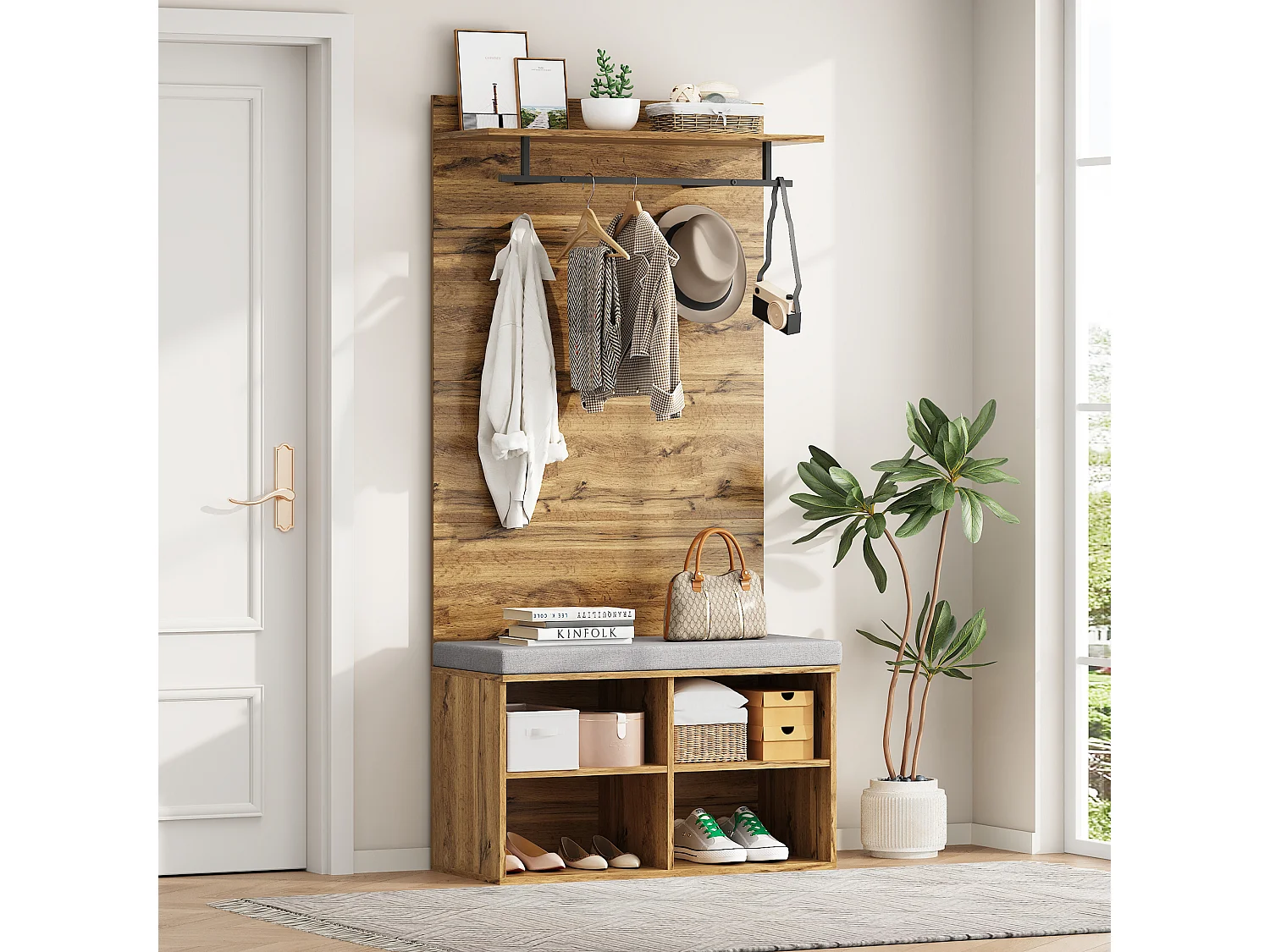 Kapstok met schoenenbank, verstelbare plank en haak, compact design in spaanplaat, eikenkleur (84x32x175cm)