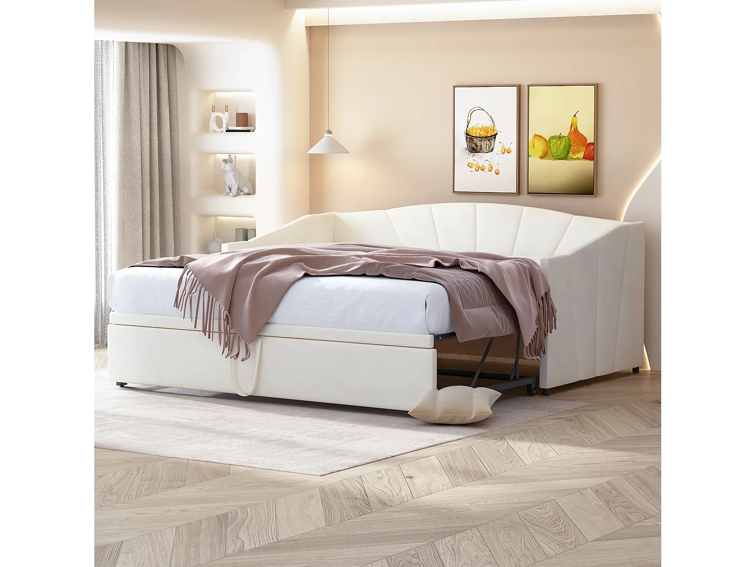 Hypoallergene fluwelen uitschuifbare slaapbank, uitschuifbaar 90/180x200 cm, met lattenbodem, beige (212x188x74 cm)