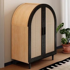 Houten schoenenkast – Schoenenkast met 2 rotandeuren en 3 planken – voor woonkamers en entrees Houten schoenenkast – Schoenenkast met 2 rotandeuren en 3 planken – voor woonkamers en entrees