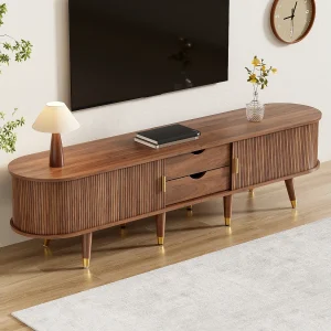Houten tv-kast – 4-deurs tv-kast met gebogen golvend patroon – voor woonkamer Houten tv-kast – 4-deurs tv-kast met gebogen golvend patroon – voor woonkamer