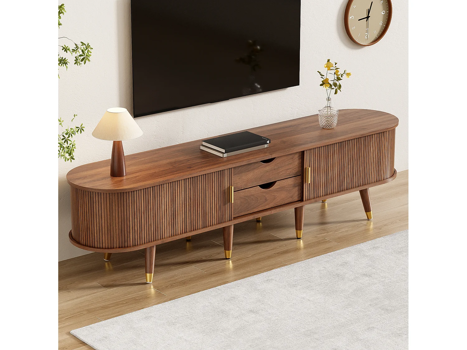 Houten tv-kast - 4-deurs tv-kast met gebogen golvend patroon - voor woonkamer