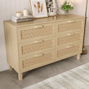Houten ladekast – ladekast met 6 laden en handgrepen – lades van rotan – voor de woonkamer Houten ladekast – ladekast met 6 laden en handgrepen – lades van rotan – voor de woonkamer
