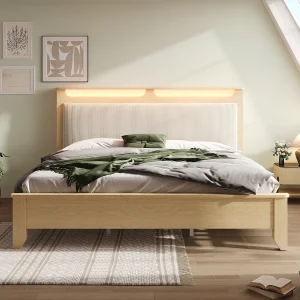 Houten tweepersoonsbed 180 × 200 cm, met opbergruimte, ledverlichting en rugleuning van beige corduroy, kleur licht eiken. Houten tweepersoonsbed 180 × 200 cm, met opbergruimte, ledverlichting en rugleuning van beige corduroy, kleur licht eiken.