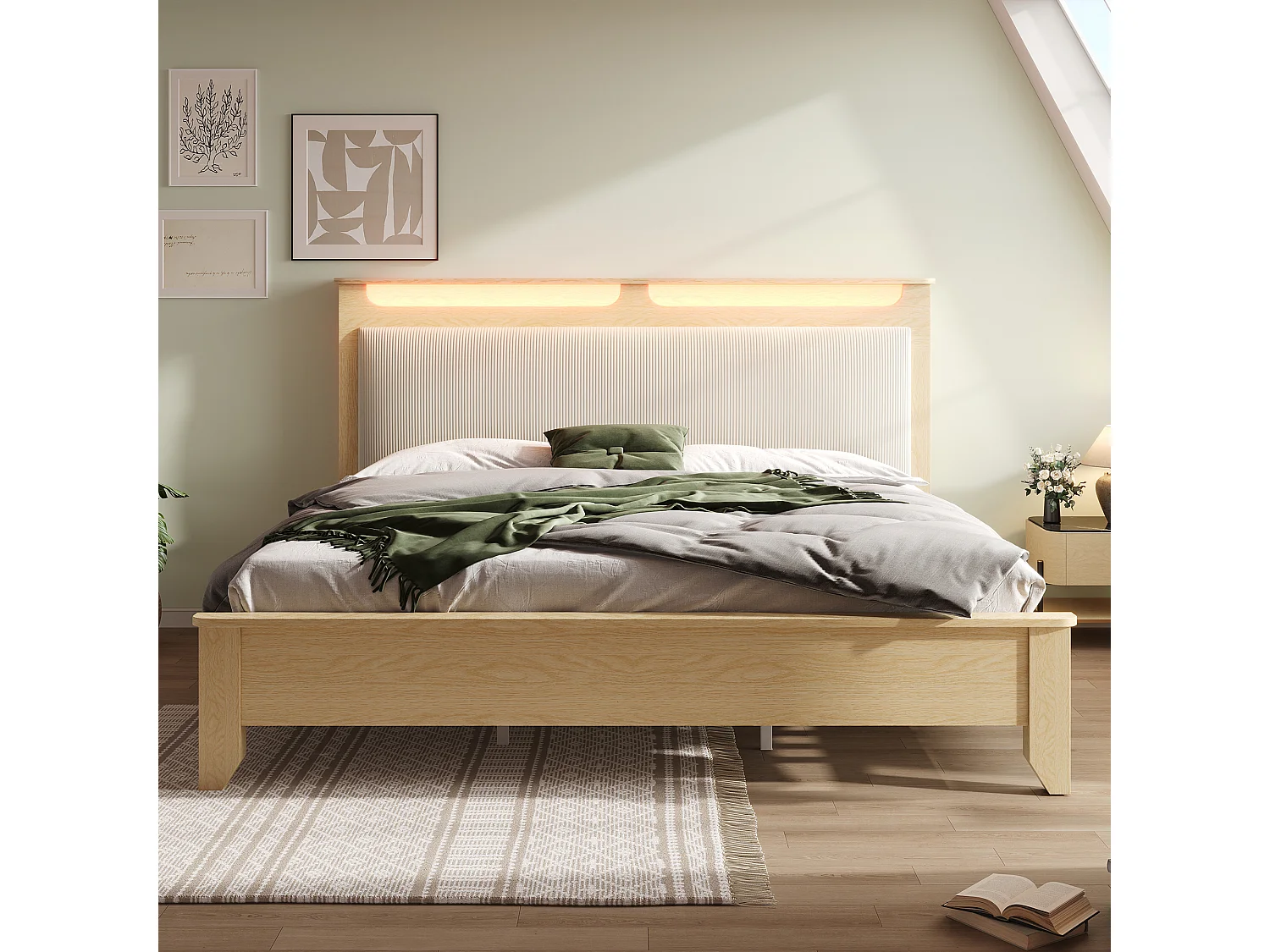 Houten tweepersoonsbed 180 × 200 cm, met opbergruimte, ledverlichting en rugleuning van beige corduroy, kleur licht eiken.