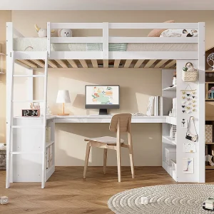 Hoogslaper 90 x 200 cm, praktische opbergplank, veiligheidshekje, stabiele schuine ladder, wit Hoogslaper 90 x 200 cm, praktische opbergplank, veiligheidshekje, stabiele schuine ladder, wit