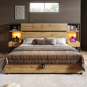 Houten tweepersoonsbed 180×200 cm, met lades en USB- en Type-C-oplaadpoorten, eikenkleurig. Houten tweepersoonsbed 180×200 cm, met lades en USB- en Type-C-oplaadpoorten, eikenkleurig.