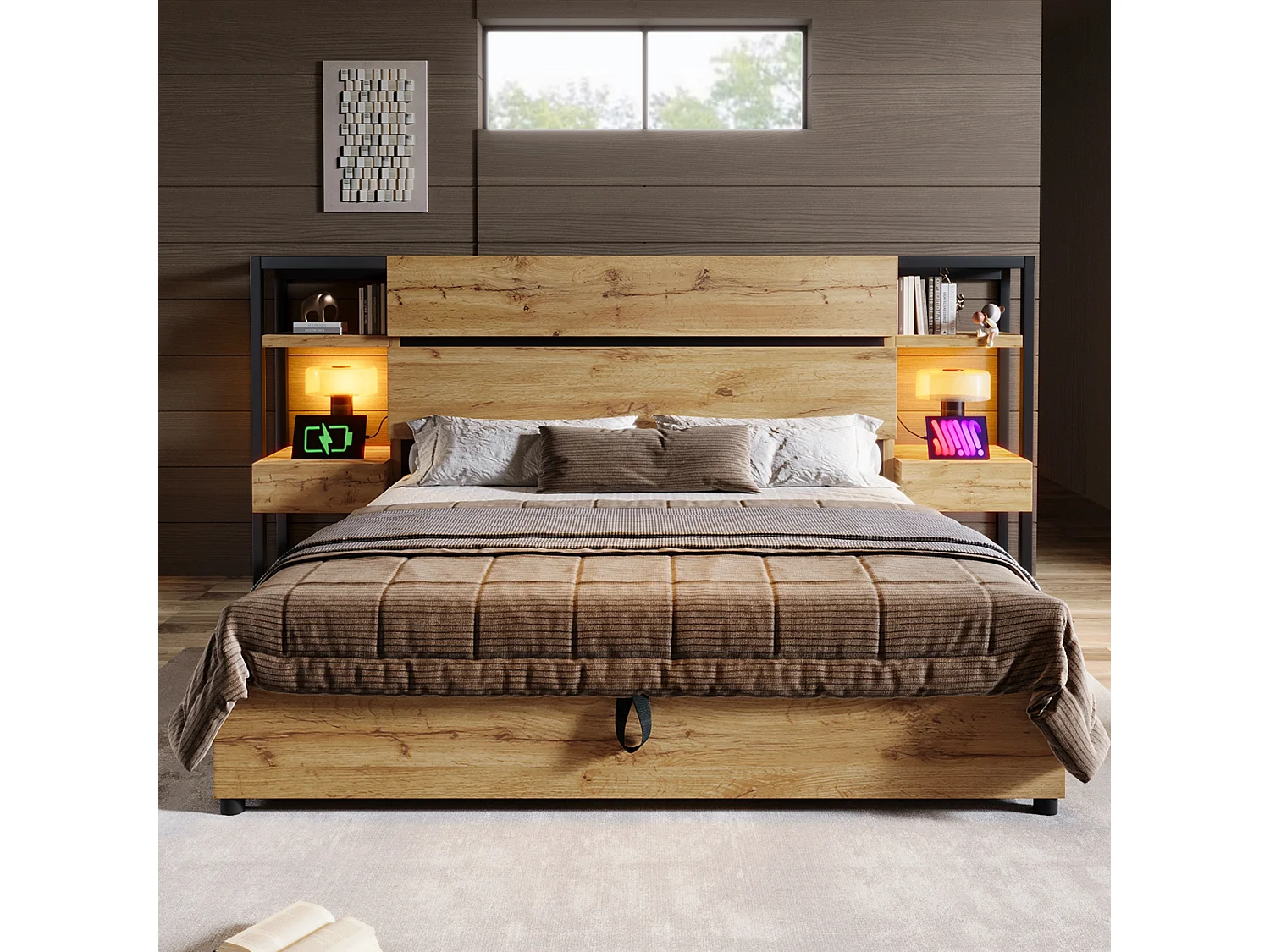 Houten tweepersoonsbed 180×200 cm, met lades en USB- en Type-C-oplaadpoorten, eikenkleurig.
