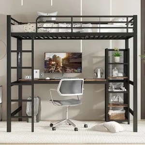 Hoogslaper 90 x 200 cm, van ijzer en MDF, met tafel, boekenkast, balustrade, ladder, zwart + donker hout
