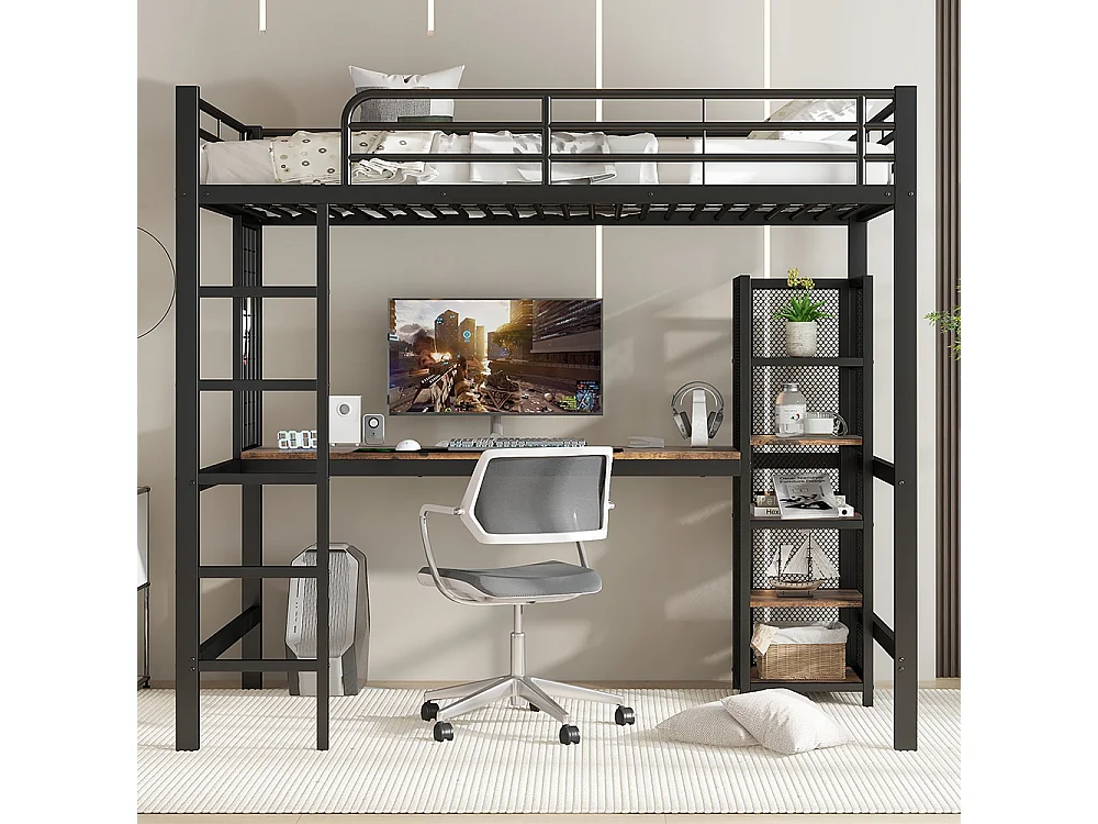 Hoogslaper 90 x 200 cm, van ijzer en MDF, met tafel, boekenkast, balustrade, ladder, zwart + donker hout
