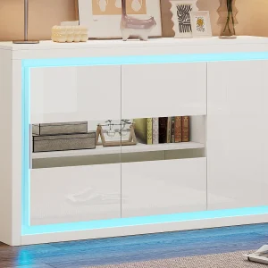 Hoogglans buffet 140×40×84 cm – 3 deuren – met LED-verlichting – met gehard glas – spaanplaat – wit Hoogglans buffet 140×40×84 cm – 3 deuren – met LED-verlichting – met gehard glas – spaanplaat – wit