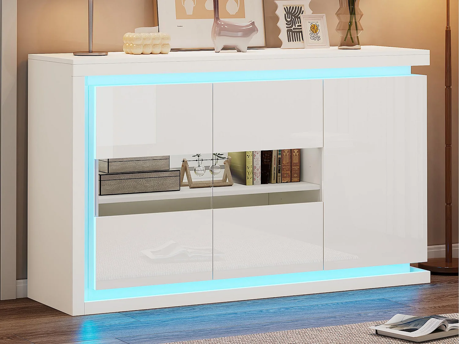 Hoogglans buffet 140×40×84 cm - 3 deuren - met LED-verlichting - met gehard glas - spaanplaat - wit