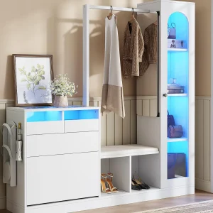Inkomhalgarderobeset 163×35×161 cm – met kledingstaander en spiegel – schoenenbank en schoenenkast – met LED-verlichting – Wit Inkomhalgarderobeset 163×35×161 cm – met kledingstaander en spiegel – schoenenbank en schoenenkast – met LED-verlichting – Wit