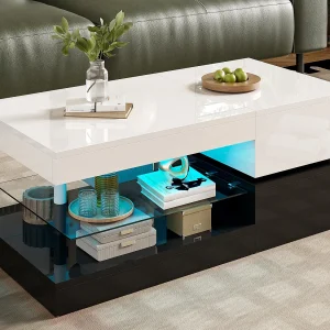 Hogglans salontafel 90×45×35,5 cm – met LED-verlichting – glazen plank – spaanplaat – wit + zwart Hogglans salontafel 90×45×35,5 cm – met LED-verlichting – glazen plank – spaanplaat – wit + zwart