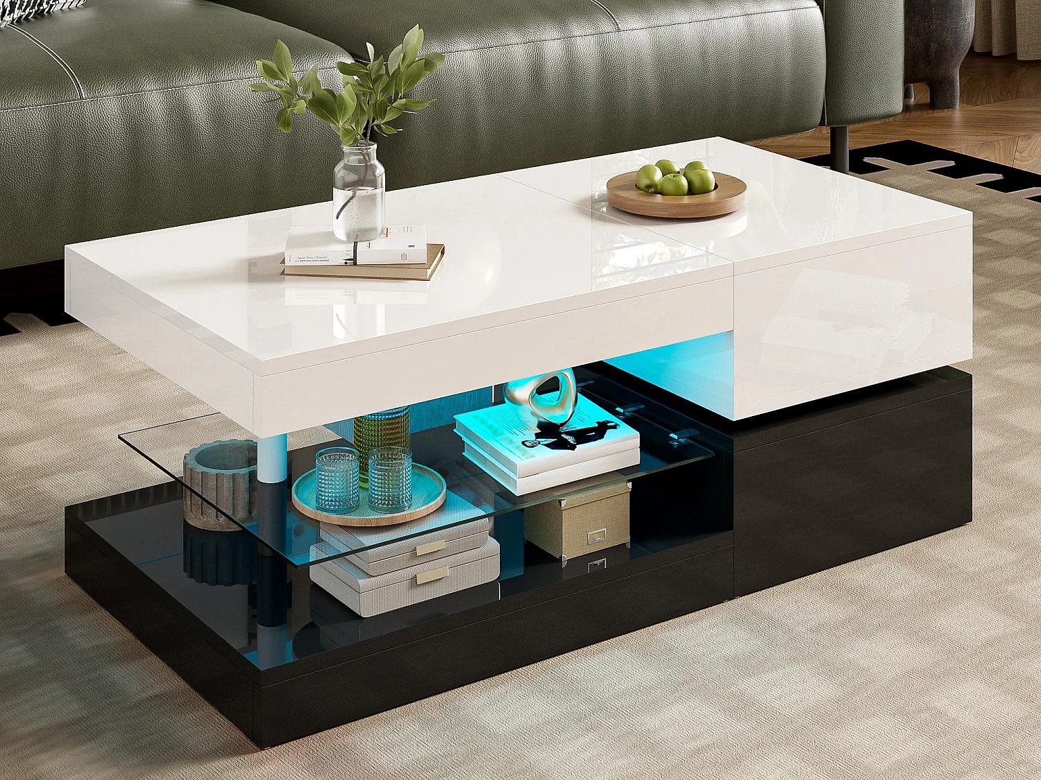 Hogglans salontafel 90×45×35,5 cm - met LED-verlichting - glazen plank - spaanplaat - wit + zwart
