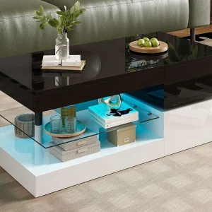 Hogglans salontafel 90×45×35,5 cm – met LED-verlichting – glazen plank – spaanplaat – zwart + wit Hogglans salontafel 90×45×35,5 cm – met LED-verlichting – glazen plank – spaanplaat – zwart + wit