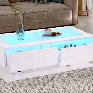 Hogglans salontafel 100×50×35 cm – 2 laden – met LED-verlichting – glazen blad – spaanplaat – wit Hogglans salontafel 100×50×35 cm – 2 laden – met LED-verlichting – glazen blad – spaanplaat – wit