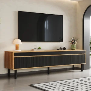 Houten en zwarte tv-standaard, laag tv-meubel met 4 deuren, voor hal en slaapkamer, 170x38x47,7 cm