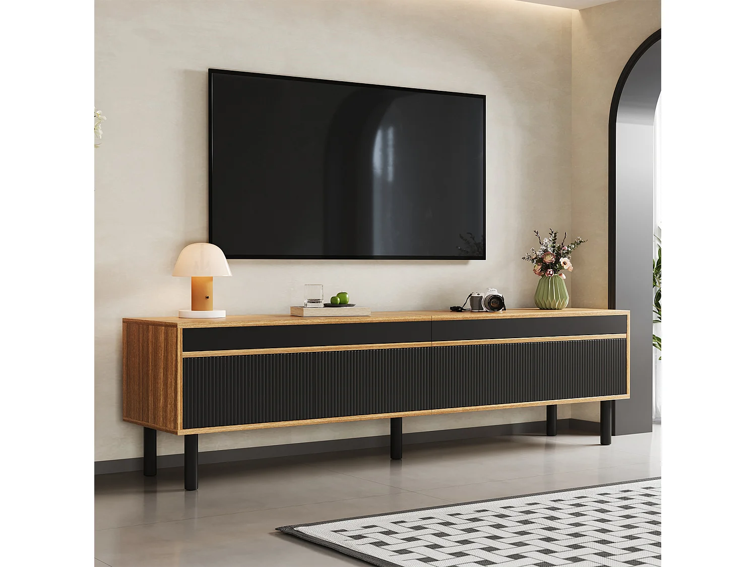 Houten en zwarte tv-standaard, laag tv-meubel met 4 deuren, voor hal en slaapkamer, 170x38x47,7 cm