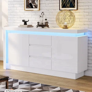 Hoogglans dressoir – 140 x 35 x 72 cm – met 3 laden + 2 deuren + LED's + verstelbare planken – spaanplaat – wit Hoogglans dressoir – 140 x 35 x 72 cm – met 3 laden + 2 deuren + LED's + verstelbare planken – spaanplaat – wit