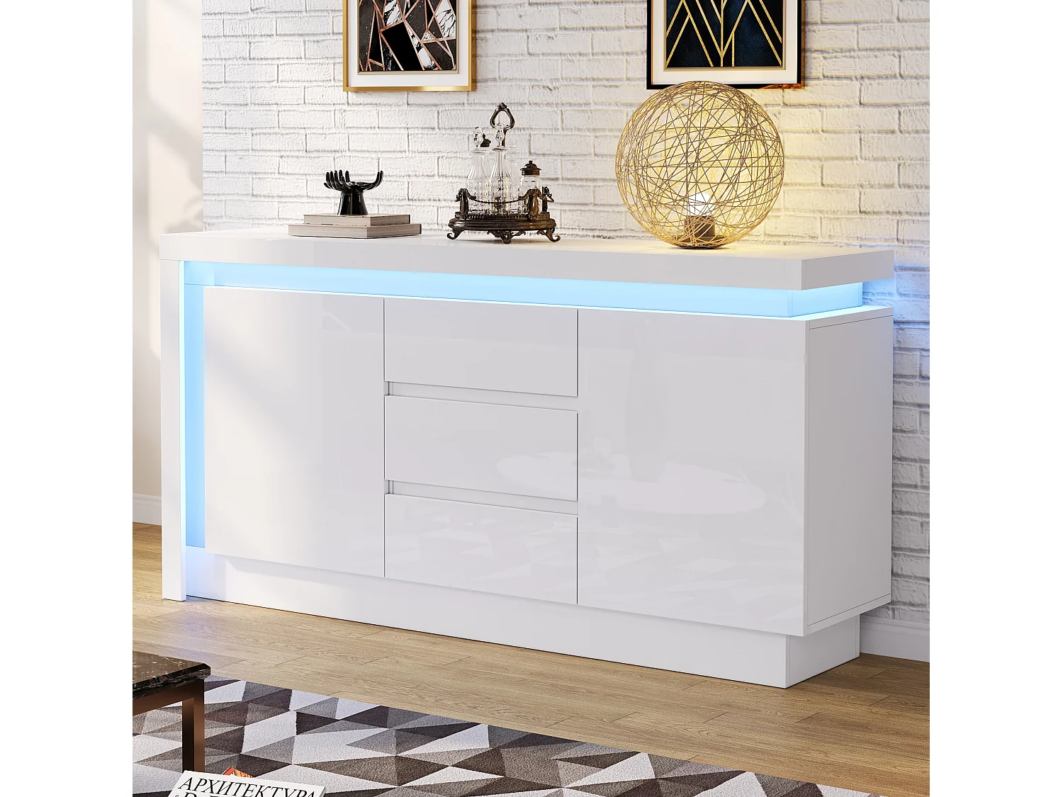 Hoogglans dressoir - 140 x 35 x 72 cm - met 3 laden + 2 deuren + LED's + verstelbare planken - spaanplaat - wit