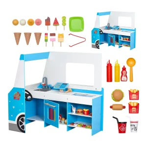Ijscowagen voor Kinderen SucceBuy, Meer dan 20 Accessoires, Houten Ijskraam, Fantasiespeelset, met Stuur, Krijtbord, voor Peuters van 3-7 Jaar