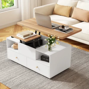 In hoogte verstelbare salontafel, 4 lades en uitschuifbaar blad, MDF, natuurlijk hout en wit (100x50x47,5cm) In hoogte verstelbare salontafel, 4 lades en uitschuifbaar blad, MDF, natuurlijk hout en wit (100x50x47,5cm)
