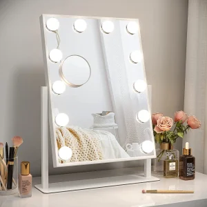Hollywood make-upspiegel met 12 leds, 30 x 41 cm, 360° draaibaar, 3 standen, instelbare helderheid, touchbediening, ideaal voor de kaptafel, Wit Hollywood make-upspiegel met 12 leds, 30 x 41 cm, 360° draaibaar, 3 standen, instelbare helderheid, touchbediening, ideaal voor de kaptafel, Wit