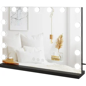 Hollywood make-upspiegel 15 LED's, 58x45cm, 3 standen, Verstelbare helderheid, Touchbediening, USB-poort, Tafel- of wandmontage, Zwart Hollywood make-upspiegel 15 LED's, 58x45cm, 3 standen, Verstelbare helderheid, Touchbediening, USB-poort, Tafel- of wandmontage, Zwart