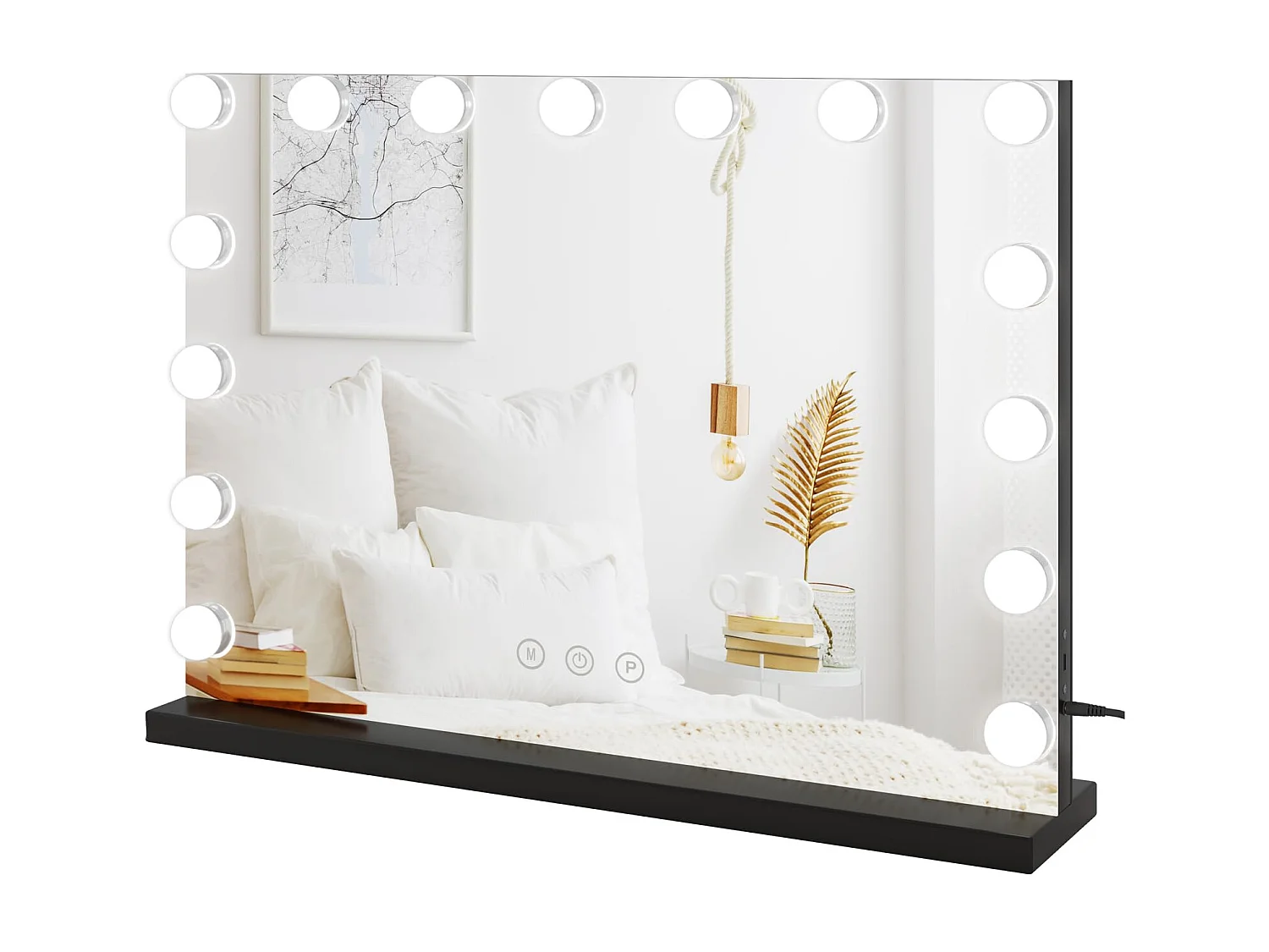 Hollywood make-upspiegel 15 LED's, 58x45cm, 3 standen, Verstelbare helderheid, Touchbediening, USB-poort, Tafel- of wandmontage, Zwart