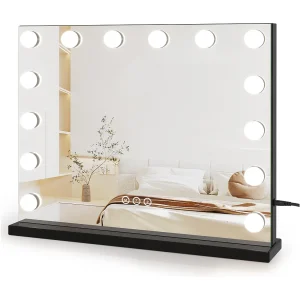 Hollywood make-upspiegel 14 LED's, 50x42cm, 3 standen, Verstelbare helderheid, Touchbediening, Ideaal voor kaptafel, Tafelmontage, Zwart Hollywood make-upspiegel 14 LED's, 50x42cm, 3 standen, Verstelbare helderheid, Touchbediening, Ideaal voor kaptafel, Tafelmontage, Zwart