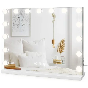 Hollywood make-upspiegel 58x45cm, 15 LED's, 3 Standen, Verstelbare helderheid, Touchbediening, USB-poort, Tafel- of wandmontage, Wit Hollywood make-upspiegel 58x45cm, 15 LED's, 3 Standen, Verstelbare helderheid, Touchbediening, USB-poort, Tafel- of wandmontage, Wit