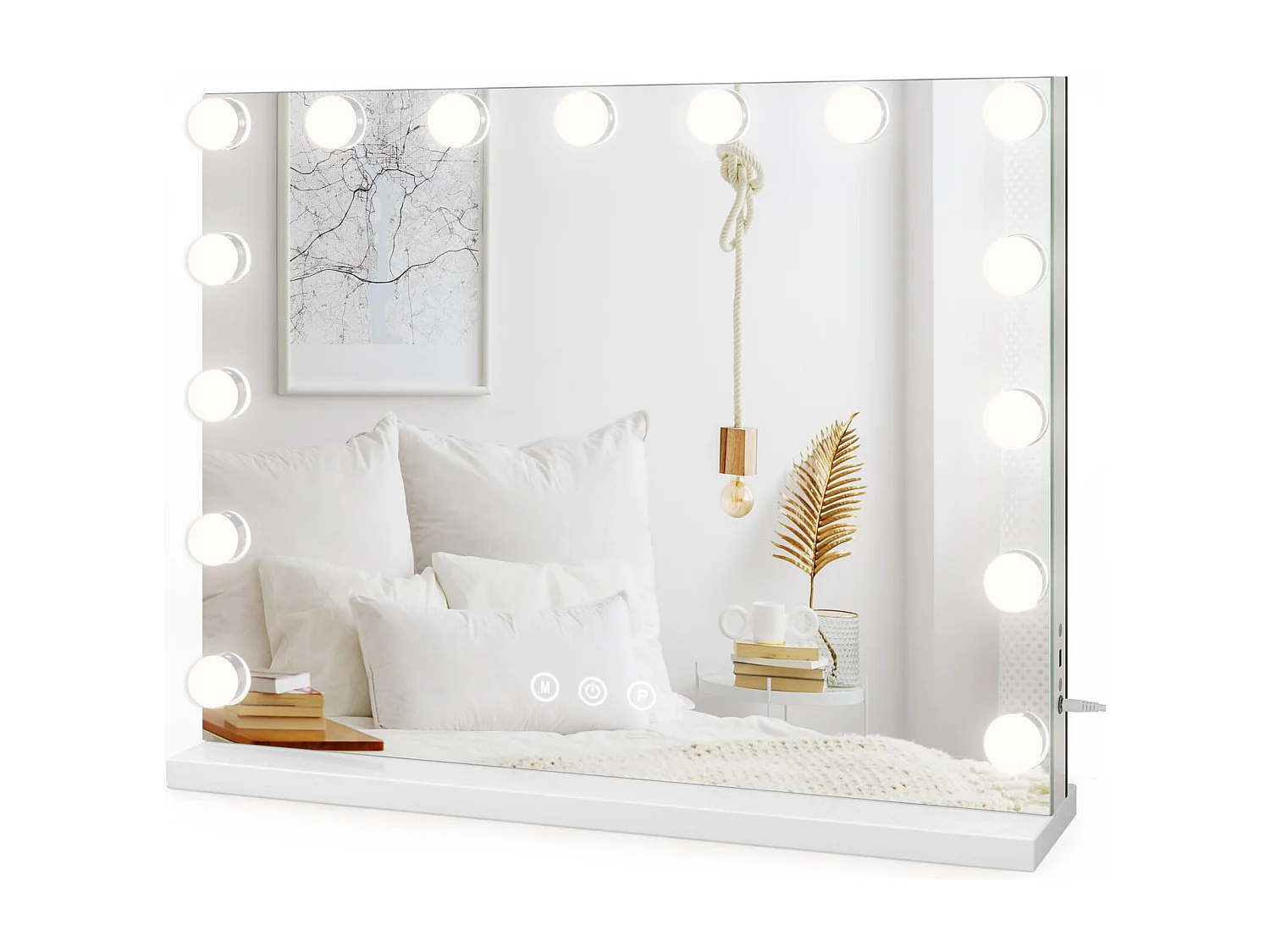Hollywood make-upspiegel 58x45cm, 15 LED's, 3 Standen, Verstelbare helderheid, Touchbediening, USB-poort, Tafel- of wandmontage, Wit