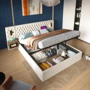 Hydraulisch opbergbed – 160 x 200 cm – met 2 nachtkastjes + lamp hoofdeinde – fluweel – beige Hydraulisch opbergbed – 160 x 200 cm – met 2 nachtkastjes + lamp hoofdeinde – fluweel – beige