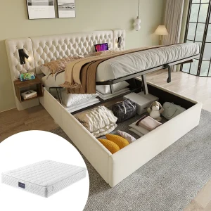 Hydraulisch opbergbed – 160 x 200 cm – met 2 nachtkastjes + lamp hoofdeinde – fluweel – beige (met matras) Hydraulisch opbergbed – 160 x 200 cm – met 2 nachtkastjes + lamp hoofdeinde – fluweel – beige (met matras)