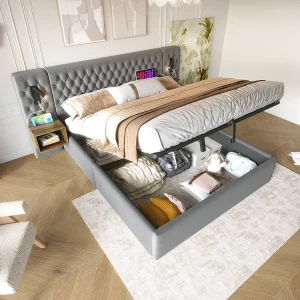 Hydraulisch opbergbed – 160 x 200 cm – met 2 nachtkastjes + lamp hoofdeinde – fluweel – grijs Hydraulisch opbergbed – 160 x 200 cm – met 2 nachtkastjes + lamp hoofdeinde – fluweel – grijs