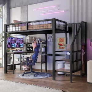 Hoogslaper van ijzer – 90 x 200 cm – met tafel + opbergplanken + kledingkast – MDF + metaal – zwart Hoogslaper van ijzer – 90 x 200 cm – met tafel + opbergplanken + kledingkast – MDF + metaal – zwart