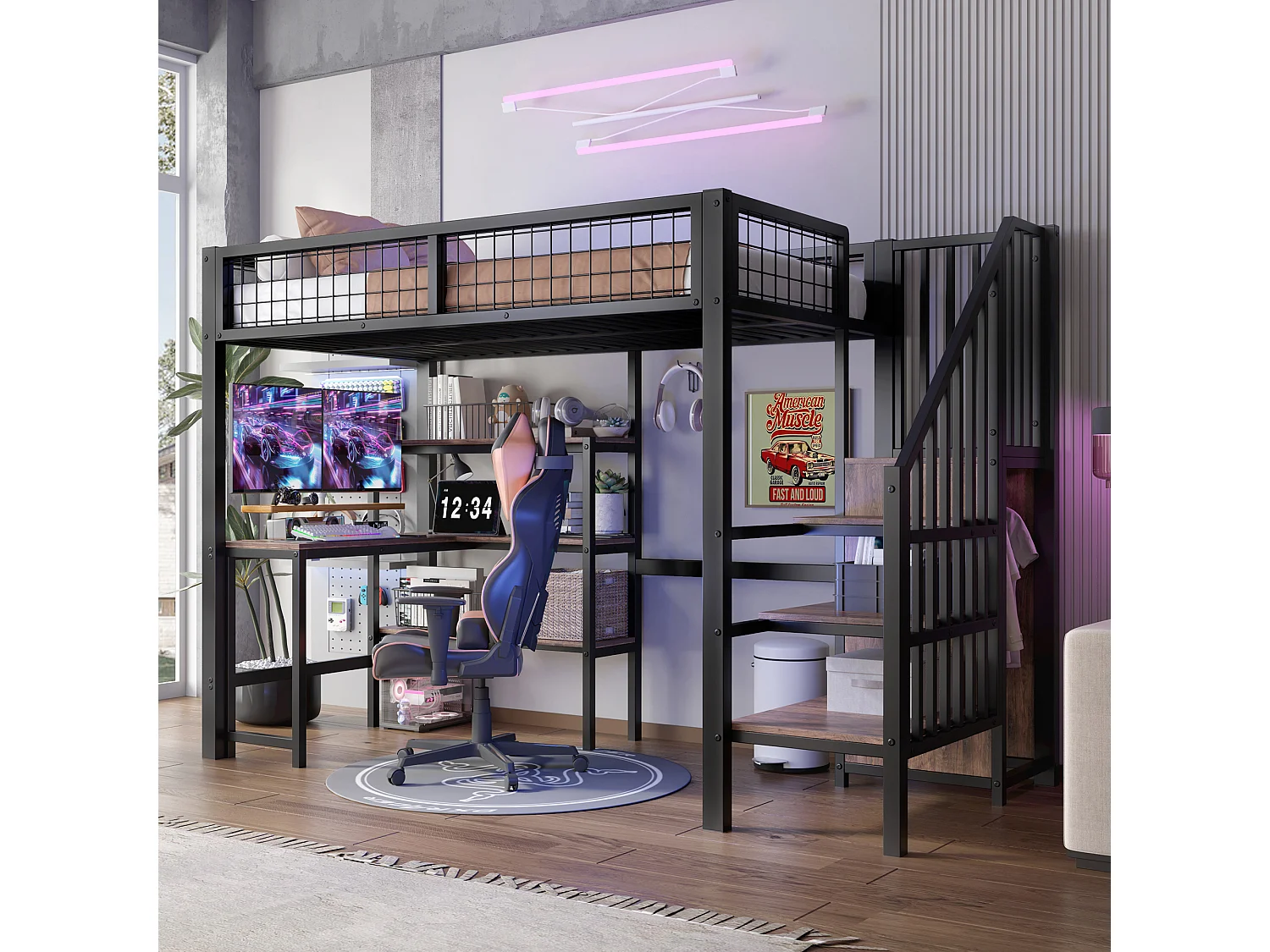 Hoogslaper van ijzer - 90 x 200 cm - met tafel + opbergplanken + kledingkast - MDF + metaal - zwart