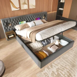 Hydraulisch opbergbed – 180 x 200 cm – met 2 nachtkastjes + lamp hoofdeinde – fluweel – grijs Hydraulisch opbergbed – 180 x 200 cm – met 2 nachtkastjes + lamp hoofdeinde – fluweel – grijs