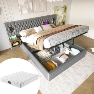 Hydraulisch opbergbed – 160 x 200 cm – met 2 nachtkastjes + lamp hoofdeinde – fluweel – grijs (met matras) Hydraulisch opbergbed – 160 x 200 cm – met 2 nachtkastjes + lamp hoofdeinde – fluweel – grijs (met matras)