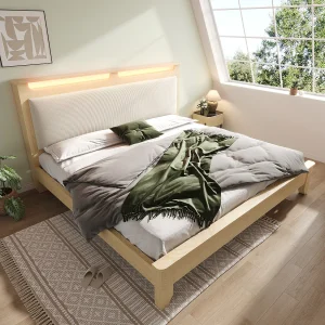 Houten tweepersoonsbedframe 140x200cm met LED-verlichting, corduroy rugleuning, zonder matras Houten tweepersoonsbedframe 140x200cm met LED-verlichting, corduroy rugleuning, zonder matras