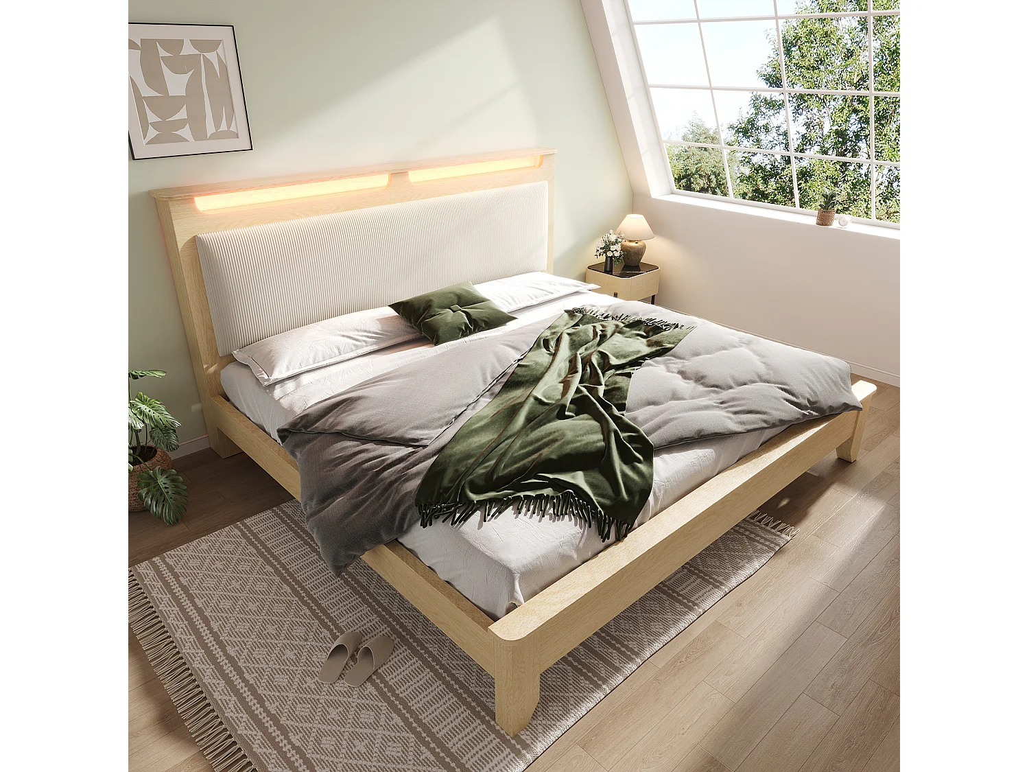 Houten tweepersoonsbedframe 140x200cm met LED-verlichting, corduroy rugleuning, zonder matras