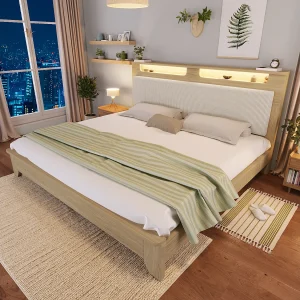 Houten tweepersoonsbedframe 180x200cm met LED-verlichting, corduroy rugleuning, zonder matras Houten tweepersoonsbedframe 180x200cm met LED-verlichting, corduroy rugleuning, zonder matras