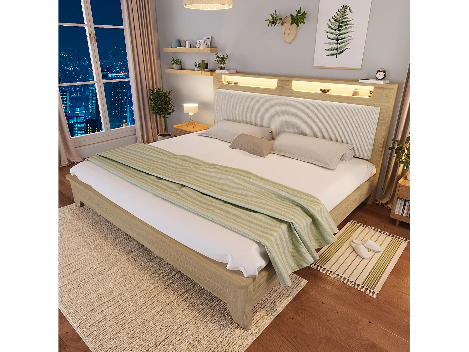 Houten tweepersoonsbedframe 180x200cm met LED-verlichting, corduroy rugleuning, zonder matras