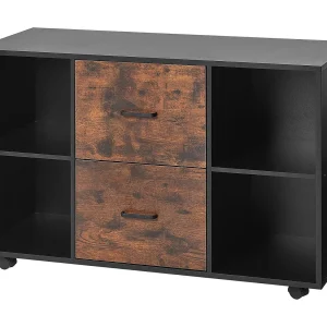 Houten Mobiele Archiefkast SucceBuy, Opbergmeubel voor Kantoor met 2 Lades, Open Planken en Vergrendelbare Wieltjes, voor Kantoor, Zwart