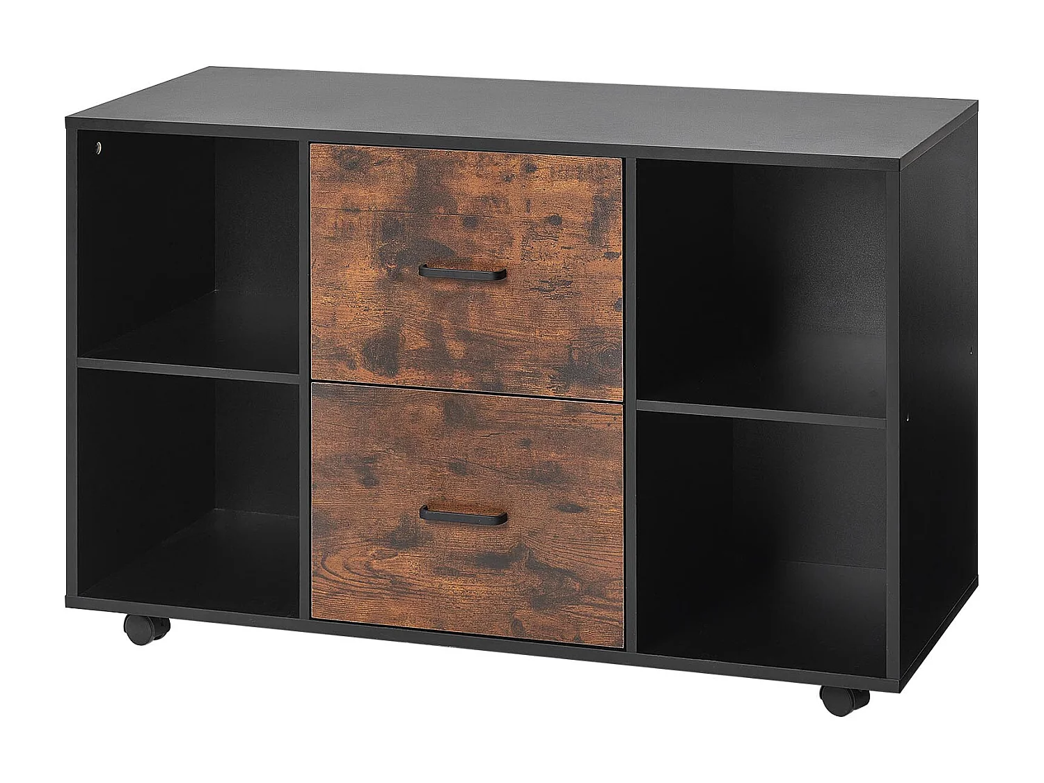 Houten Mobiele Archiefkast SucceBuy, Opbergmeubel voor Kantoor met 2 Lades, Open Planken en Vergrendelbare Wieltjes, voor Kantoor, Zwart