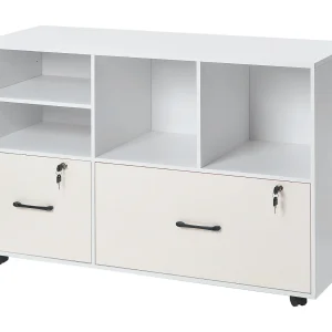Houten Mobiele Archiefkast SucceBuy, Opbergmeubel voor Kantoor met 2 Lades, Open en Verstelbare Planken, Vergrendelbaar, voor Kantoor, Wit