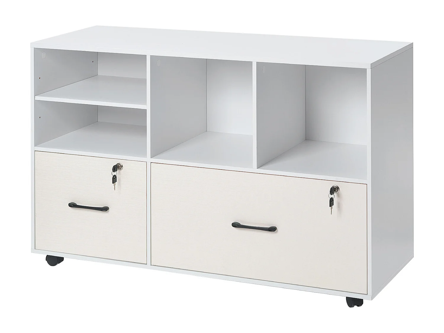 Houten Mobiele Archiefkast SucceBuy, Opbergmeubel voor Kantoor met 2 Lades, Open en Verstelbare Planken, Vergrendelbaar, voor Kantoor, Wit