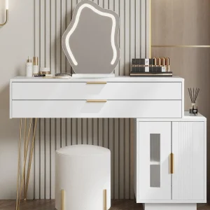 Kaptafel met spiegel en LED-verlichting – 2 lades en een uitneembare kast – Wit (kruk niet inbegrepen)