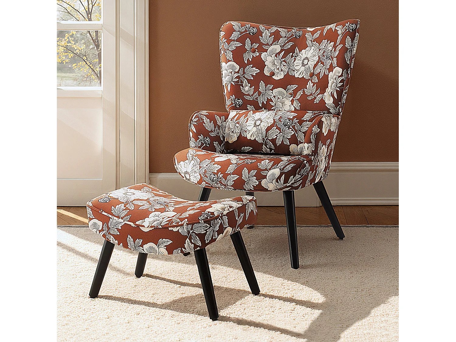 HomeMiYN Fauteuil met kussen en kruk - Rustieke hoekstoel voor de woonkamer